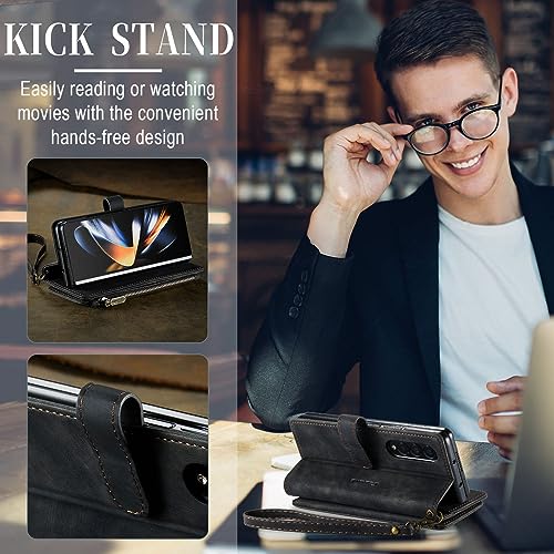 BybAgs Wallet Case for Samsung Galaxy Z Fold 4 3 Hand Strap Premium PU Leather Phone Case Card Slots Magnetic Zipper Pocket Stand Cover,Brown,for Samsung Z Fold 3