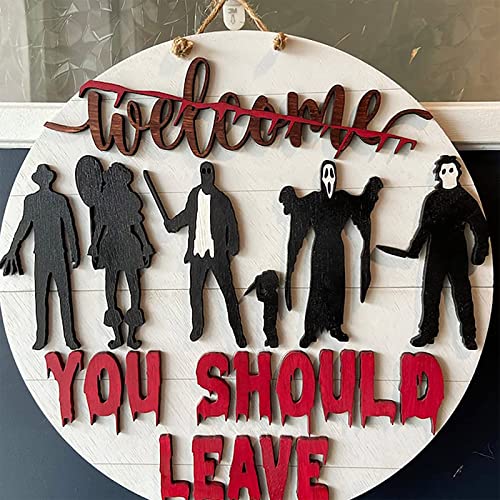 Halloween Horror Welcome Sign for Front Door Wooden Hanging Sign, Halloween Wreath for Front Door Decorations Classics Scary Movie Figures Door Sign, Welcome Home Tag Sign Gift for Farmhouse Party