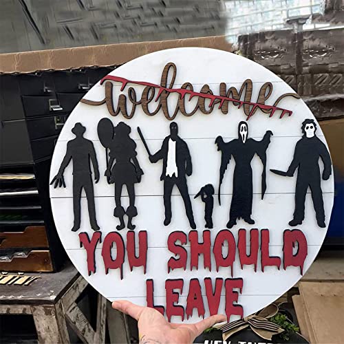 Halloween Horror Welcome Sign for Front Door Wooden Hanging Sign, Halloween Wreath for Front Door Decorations Classics Scary Movie Figures Door Sign, Welcome Home Tag Sign Gift for Farmhouse Party