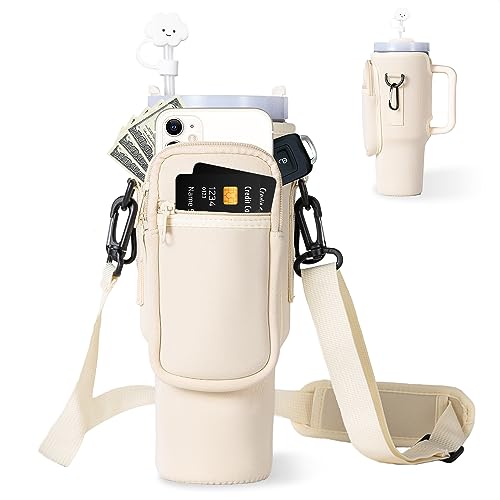 Water Bottle Carrier Bag with Phone Pocket for Stanley 40oz Tumbler with Handle Neoprene Water Bottle Holder Pouch with Adjustable Strap for Stanley Cup Accessories Bollus with Straw Cover & Carabiner