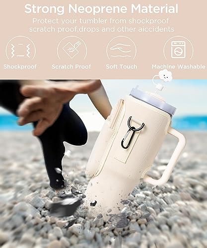 Water Bottle Carrier Bag with Phone Pocket for Stanley 40oz Tumbler with Handle Neoprene Water Bottle Holder Pouch with Adjustable Strap for Stanley Cup Accessories Bollus with Straw Cover & Carabiner