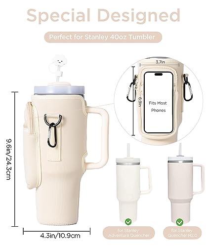 Water Bottle Carrier Bag with Phone Pocket for Stanley 40oz Tumbler with Handle Neoprene Water Bottle Holder Pouch with Adjustable Strap for Stanley Cup Accessories Bollus with Straw Cover & Carabiner