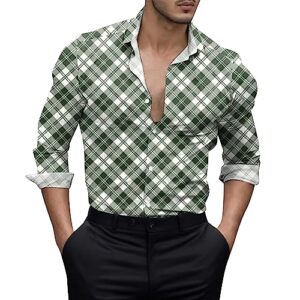 mens shirts short sleeve pullover men digital 3d printing plaid color matching long shirt top blouse mint green
