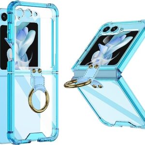 TECHY for Samsung Z Flip 5 Case with Ring Stand, Galaxy Z Flip 5 Clear Airbag Case Built-in High-Transparency Soft Film for Samsung Galaxy Z Flip 5, Clear Blue