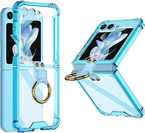 TECHY for Samsung Z Flip 5 Case with Ring Stand, Galaxy Z Flip 5 Clear Airbag Case Built-in High-Transparency Soft Film for Samsung Galaxy Z Flip 5, Clear Blue