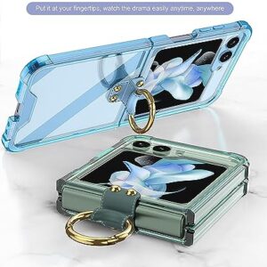 TECHY for Samsung Z Flip 5 Case with Ring Stand, Galaxy Z Flip 5 Clear Airbag Case Built-in High-Transparency Soft Film for Samsung Galaxy Z Flip 5, Clear Blue