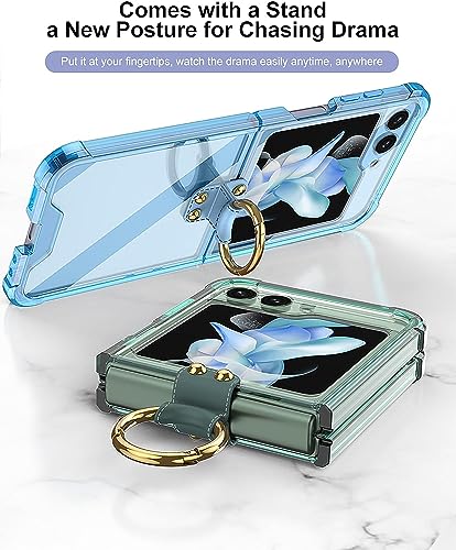 TECHY for Samsung Z Flip 5 Case with Ring Stand, Galaxy Z Flip 5 Clear Airbag Case Built-in High-Transparency Soft Film for Samsung Galaxy Z Flip 5, Clear Blue