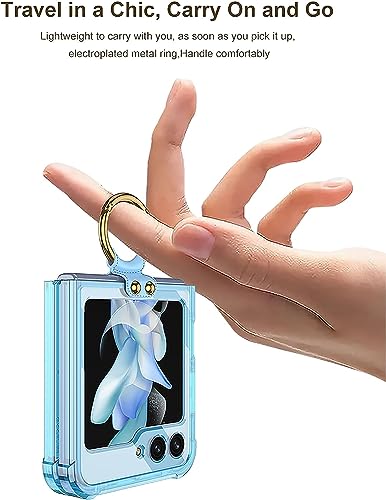 TECHY for Samsung Z Flip 5 Case with Ring Stand, Galaxy Z Flip 5 Clear Airbag Case Built-in High-Transparency Soft Film for Samsung Galaxy Z Flip 5, Clear Blue