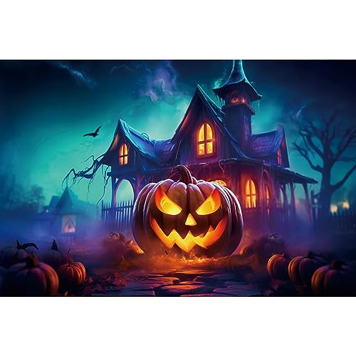 MOONDECO Photography Background 7x5ft Halloween Frame Jack O Lantern Fire Castle Window Backdrop Children Party Props Blue Sky Bat Decor Photo Booth