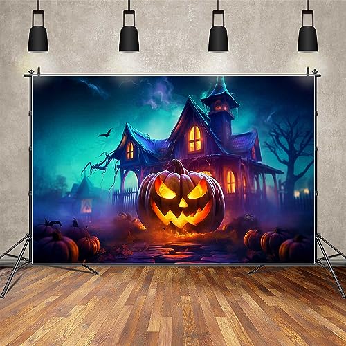 MOONDECO Photography Background 7x5ft Halloween Frame Jack O Lantern Fire Castle Window Backdrop Children Party Props Blue Sky Bat Decor Photo Booth