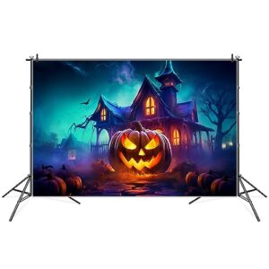 MOONDECO Photography Background 7x5ft Halloween Frame Jack O Lantern Fire Castle Window Backdrop Children Party Props Blue Sky Bat Decor Photo Booth