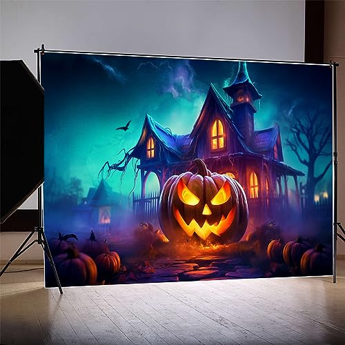 MOONDECO Photography Background 7x5ft Halloween Frame Jack O Lantern Fire Castle Window Backdrop Children Party Props Blue Sky Bat Decor Photo Booth