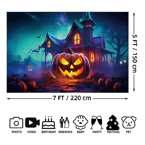 MOONDECO Photography Background 7x5ft Halloween Frame Jack O Lantern Fire Castle Window Backdrop Children Party Props Blue Sky Bat Decor Photo Booth