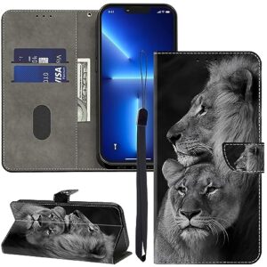 alilang for samsung galaxy z fold 3 5g wallet case with credit card holder, flip book pu leather protective magnetic cover for samsung z fold 3 phone case-two lions