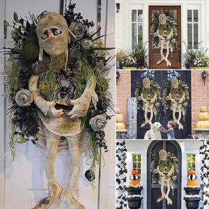 2023 new halloween scary mummy wreath for front door - halloween decor rose,spiders and lanterns sign,black and white front door wreath porch decor, wall halloween indoor outdoor decoration