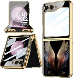 techy for samsung z flip 5 case ultra-thin electroplated glass protective cover for samsung galaxy z flip 5 case, golden wings