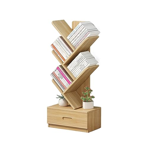 VERAMY 5 Tier Tree Bookshelf with Drawer Floor Standing Bookcase Storage Rack Organizer Shelves Large Capacity Bookshelf Corner Bookshelf for Living Room Bedroom Home Office