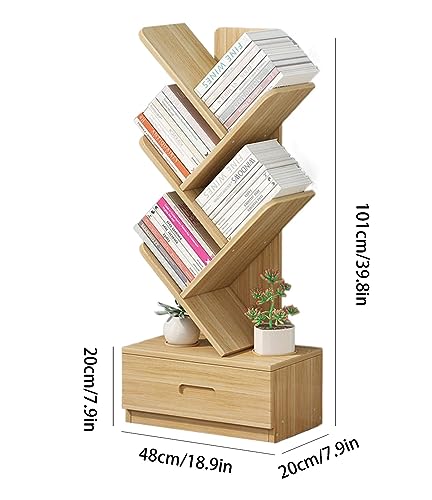VERAMY 5 Tier Tree Bookshelf with Drawer Floor Standing Bookcase Storage Rack Organizer Shelves Large Capacity Bookshelf Corner Bookshelf for Living Room Bedroom Home Office