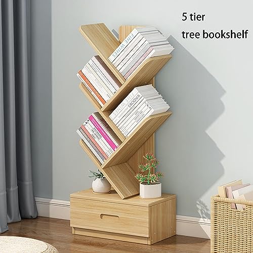 VERAMY 5 Tier Tree Bookshelf with Drawer Floor Standing Bookcase Storage Rack Organizer Shelves Large Capacity Bookshelf Corner Bookshelf for Living Room Bedroom Home Office