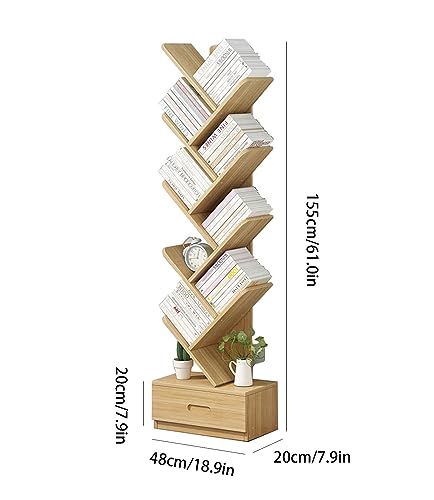 VERAMY 9 Tier Tall Bookshelf Tree Bookshelf with Drawer Corner Bookshelf Floor Standing Bookcase Large Capacity Bookshelf Utility Organizer Shelves for Living Room Bedroom