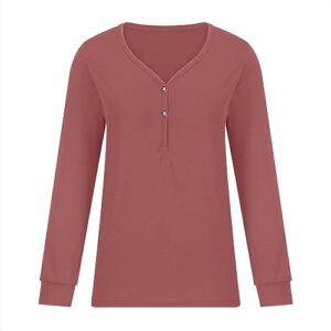 Long Sleeve T Shirts for Women Solid Novelty Henley Neck V-Neck Pink Tops Fall Cotton Blouse Loungewear Tees Shirts Collar Sweatshirts Trendy Blusas De Mujer Elegantes Watermelon Red L