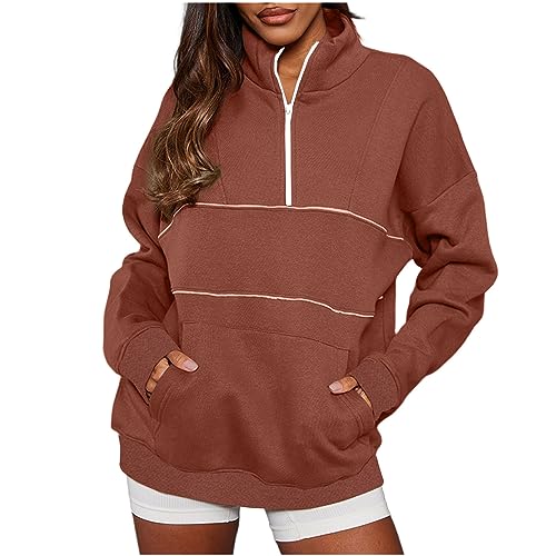 Deals Oversized Tshirts Shirts for Women 2023 Casual Long Sleeve Quarter Zip Fashion Hoodies Pullover Solid Pocket Sweater Women's Shirts Casual Watermelon RedM