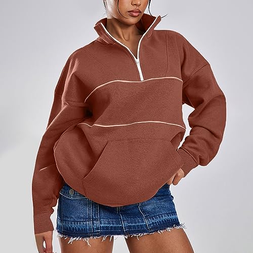 Deals Oversized Tshirts Shirts for Women 2023 Casual Long Sleeve Quarter Zip Fashion Hoodies Pullover Solid Pocket Sweater Women's Shirts Casual Watermelon RedM