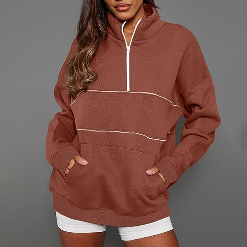 Deals Oversized Tshirts Shirts for Women 2023 Casual Long Sleeve Quarter Zip Fashion Hoodies Pullover Solid Pocket Sweater Women's Shirts Casual Watermelon RedM