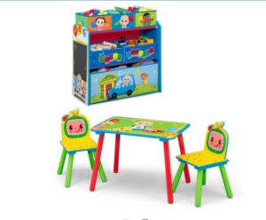 pzcxbfh cocomelon 4-piece toddler playroom set by – includes play table with dry erase tabletop and 6 bin toy organizer with reusable vinyl cling stickers, blue/multi