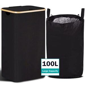 100l large laundry hamper with lid and removable bag by techmilly, tall laundry basket with bamboo handles for clothes and toys storage, collapsible clothes hamper for bedroom and bathroom, black