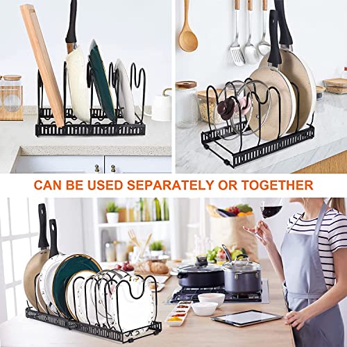 Daddynme Expandable Pot and Pan Organizers Rack, 10+ Pans and Pots Lid Organizer Rack Holder, Kitchen Cabinet Pantry Bakeware Organizer Rack Holder with 10 Adjustable Compartments