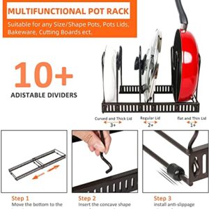 Daddynme Expandable Pot and Pan Organizers Rack, 10+ Pans and Pots Lid Organizer Rack Holder, Kitchen Cabinet Pantry Bakeware Organizer Rack Holder with 10 Adjustable Compartments