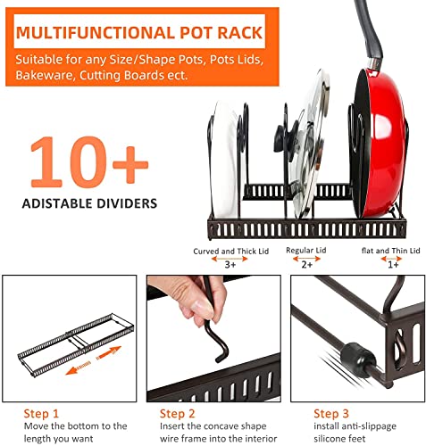 Daddynme Expandable Pot and Pan Organizers Rack, 10+ Pans and Pots Lid Organizer Rack Holder, Kitchen Cabinet Pantry Bakeware Organizer Rack Holder with 10 Adjustable Compartments