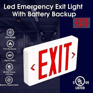 LED Exit Sign Emergency Light, Red Lettering with Battery Backup, 2-Pack, LED Emergency Lights for Commercial or Industrial Use, AC 120-277V, UL Listed, Rechargeable