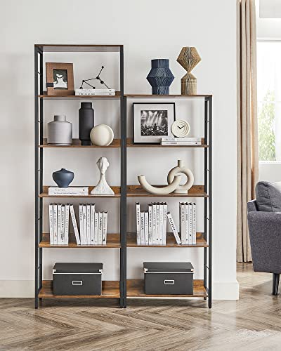 VASAGLE 5-Tier Bookshelf, Bookcase for Office, 11.8 x 23.6 x 56.7 Inches, Shelving Unit, with Back Panels, Industrial Style, for Living Room, Study, Home Office, Rustic Brown and Black ULLS117B01