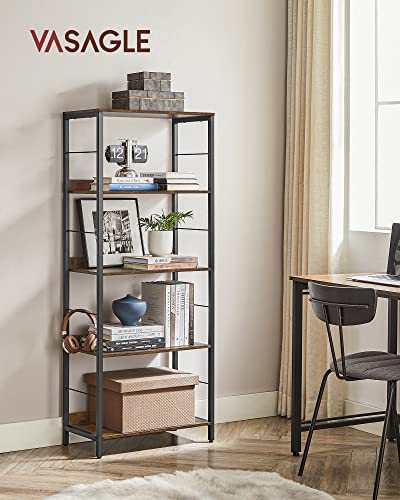 VASAGLE 5-Tier Bookshelf, Bookcase for Office, 11.8 x 23.6 x 56.7 Inches, Shelving Unit, with Back Panels, Industrial Style, for Living Room, Study, Home Office, Rustic Brown and Black ULLS117B01