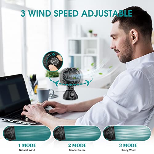 ATTLOOQ USB Desk Fan, Small Portable Desktop Personal Fan 3 Speeds Strong Airflow, Adjustable Tilt Automatic Swing Cooling Fan, Quiet Small Desk Fan for Home Office Bedroom Indoor