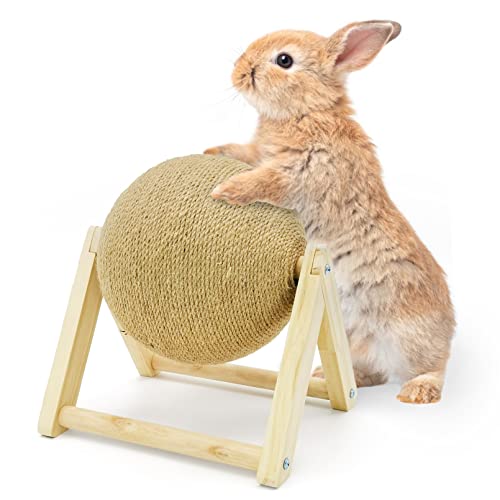 Fhiny Bunny Scratch Toy, Natural Solid Wood Sisal Scratching Ball for Indoor Kittens, Claws Scratching Ball for Kitten Bunny Guinea Pig Chinchilla Ferret or Other Small Animals (Medium)