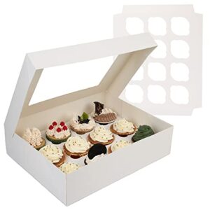 lotfancy cupcake boxes 12 count, 8 pack, dozen cupcake containers with window and inserts, white bakery boxes, disposable pastry carrier holders for cookies, treats, dessert, muffins