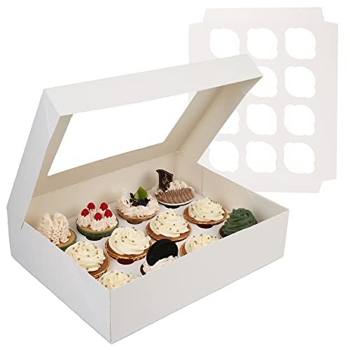 LotFancy Cupcake Boxes 12 Count, 8 Pack, Dozen Cupcake Containers with Window and Inserts, White Bakery Boxes, Disposable Pastry Carrier Holders for Cookies, Treats, Dessert, Muffins