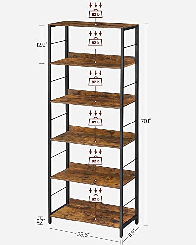 VASAGLE 6-Tier Bookshelf, Bookcase for Office, 11.8 x 23.6 x 70.1 Inches, Shelving Unit, with Back Panels, Industrial Style, for Living Room, Study, Home Office, Rustic Brown and Black ULLS118B01