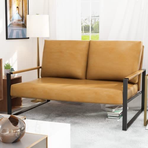 AWQM 46" Small Modern Loveseat Couch Low Back Faux Leather 2-Seat Sofa Couch Love Seat for Bedroom, Office, Apartment, Dorm, Studio and Small Space, Metal Frame, Camel