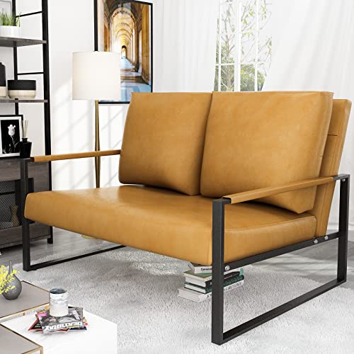 AWQM 46" Small Modern Loveseat Couch Low Back Faux Leather 2-Seat Sofa Couch Love Seat for Bedroom, Office, Apartment, Dorm, Studio and Small Space, Metal Frame, Camel