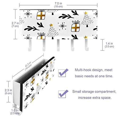 5 Hook Coat Rack Wall Mounted Xmas Gift Tree Pattern Hat Towel Pot Hook up with Storage Compartment for Cloakroom Bathroom Kitchen