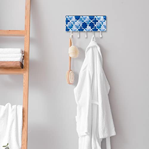 Coat and Hat Hook Rail Wall Hooks, Leather Hook Rack Wall Mounted, Hooks for Hanging Towel Key Purse Kitchenware Blue Watercolo Mosaic Geometric