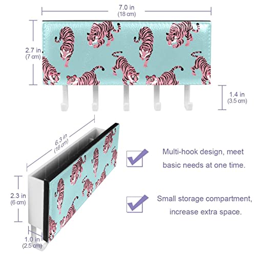 Leather Hook Rack Rail Wall Mounted, Pink Tige Pattern Blue Background Coat and Hat Self Adhesive Hooks up for Hanging Pant Towel Key Purse Kitchenware