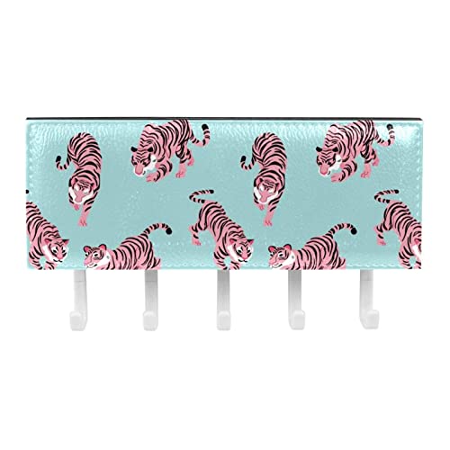 Leather Hook Rack Rail Wall Mounted, Pink Tige Pattern Blue Background Coat and Hat Self Adhesive Hooks up for Hanging Pant Towel Key Purse Kitchenware