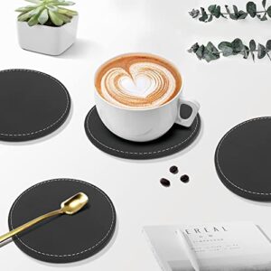 FYY Coasters for Drinks, Set of 5 Premium PU Leather Coaster with Holder, 3.9 inch Heat Resistant Coasters for Drinks, Coffee - Protect Furniture from Stains, Water Rings and Damage, Black