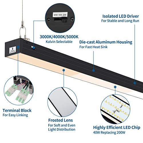 DAKASON 4FT Linkable LED Linear Light, 40W Replacing 120W, 3000K/4000K/5000K CCT Selectable, Commercial Linear Lighting Fixture for Office, Dimmable Suspended Lighting for School, Market, 1Pack