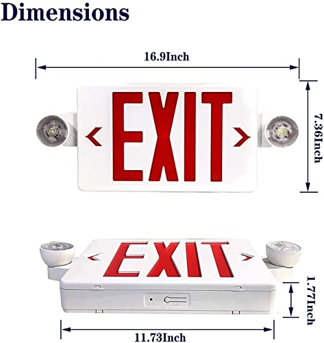 LED Exit Sign with Emergency Light, Double Sided Red with Battery Backup, Rotatable Light Head, AC 120V/277V, UL Listed Commercial LED Emergency Exit Light (1Pack, Red)